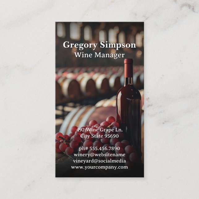 Tarjeta De Visita Botella de vino rojo y uvas | Wine Barrels (Anverso)