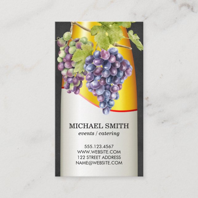 Tarjeta De Visita Botella de vino y uvas en el vino (Anverso)
