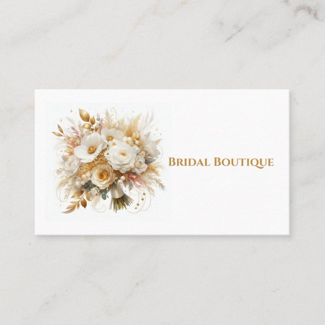 Tarjeta De Visita Bouquet Boda de Rosas Blancas y Oro (Anverso)