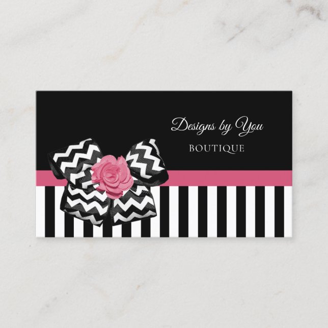 Tarjeta De Visita Boutique Girly Pink Rose Cute Chevron Bow (Anverso)