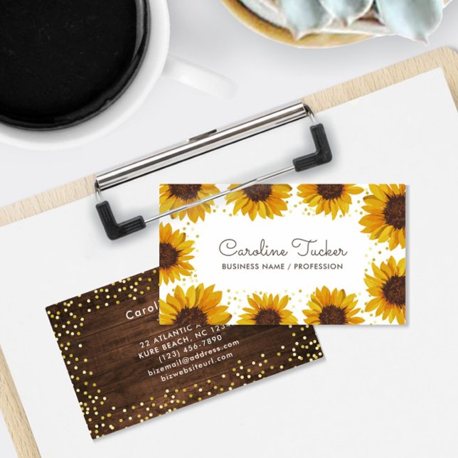 Tarjeta De Visita Boutique Rustic Sunflowers Gold Dots (Subido por el creador)