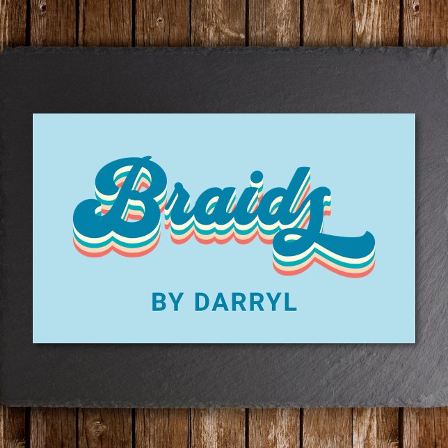 Tarjeta De Visita Braids Braider Braider Groovy Retro Blue (Retro blue braids business card  placed on a wood and slate background. )