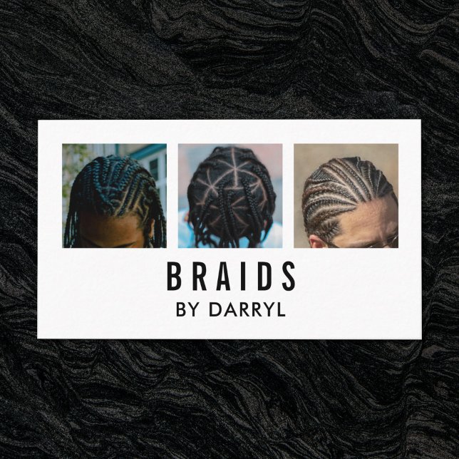 Tarjeta De Visita Braids Braiding Loctician Photo Afro Hair Stylist (A braids business card with a 3 photo design. )