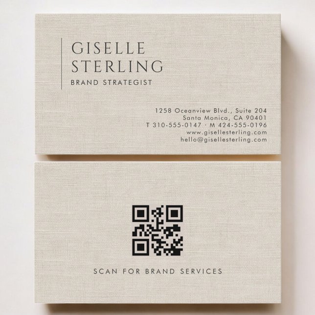 Tarjeta De Visita Brand Strategist Luxury Neutral Linen QR Code (Subido por el creador)