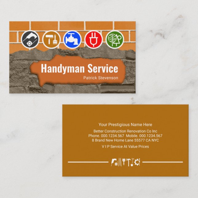 Tarjeta De Visita Brickwork Masonry Home Repair Handyman (Anverso / Reverso)