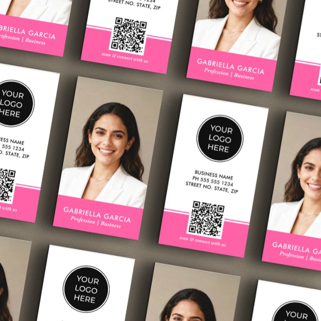 Tarjeta De Visita Bright Pink Logo QR Code Photo Professional (Image shows standard size business card, choose size and paper type.)