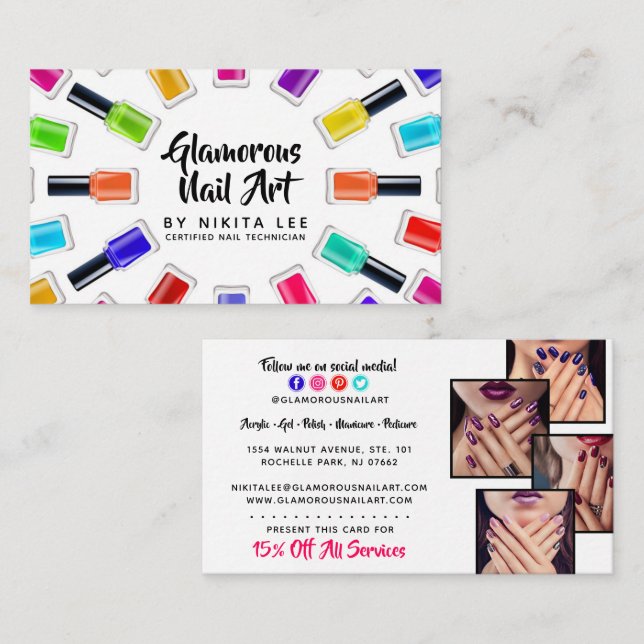 Tarjeta De Visita Bright Rainbow Nail Polish Art Tech Salon 4-Photo (Anverso / Reverso)