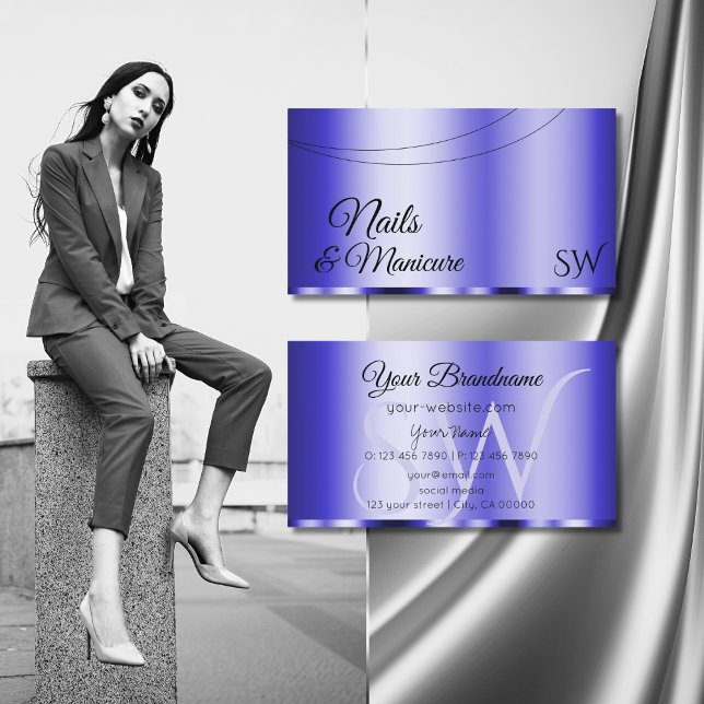 Tarjeta De Visita Brillante azul glamoroso con las iniciales moderna (Subido por el creador)
