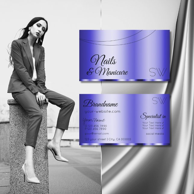 Tarjeta De Visita Brillante azul glamoroso con monograma moderno (Subido por el creador)