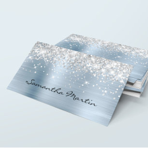 Tarjeta De Visita Brillante Faux Plateado Destello Azul Claro Lámina