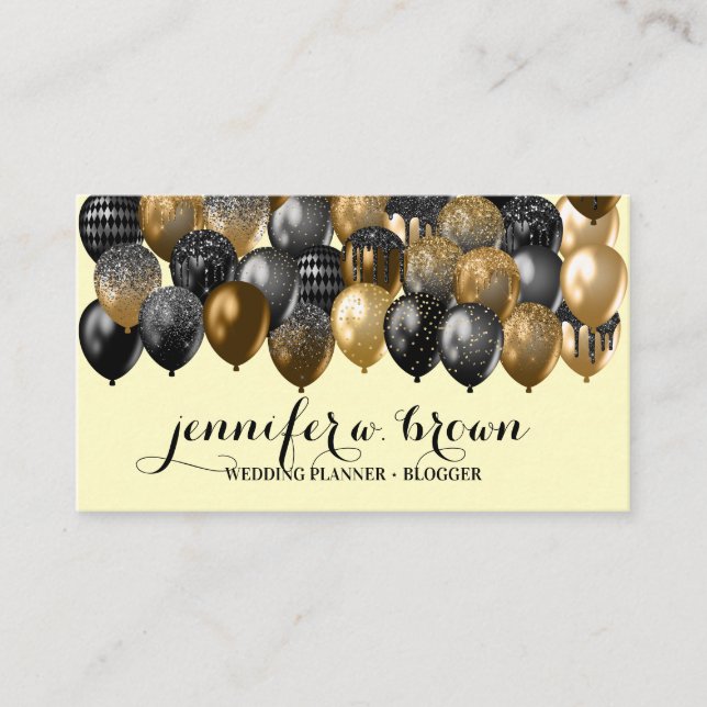 Tarjeta De Visita Brillantes globos negros de bronce con fondo amari (Anverso)