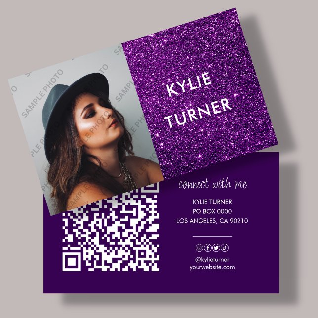 Tarjeta De Visita Brillantina violeta | Foto | Código QR | Medios so (Subido por el creador)