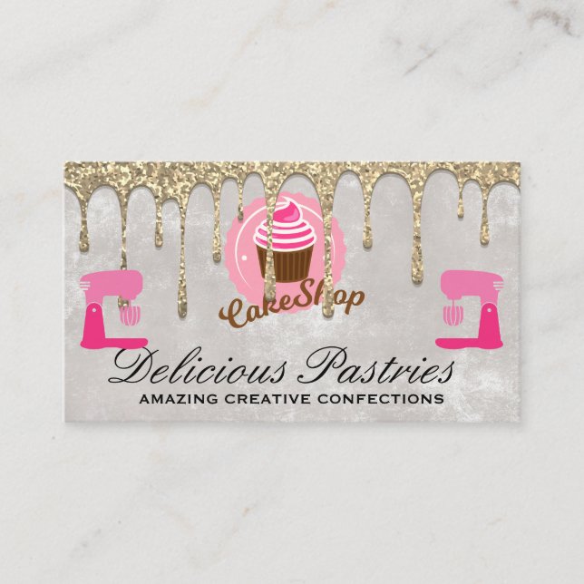 Tarjeta De Visita Brillo de Oro Drip | Pastel Cupcake (Anverso)