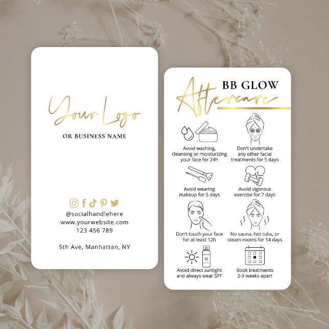 Tarjeta De Visita Brillo Facial Después de la Guía de Cuidado PMU Bl (Elegant BB Glow Facial aftercare cards with faux gold effects & space for your logo)