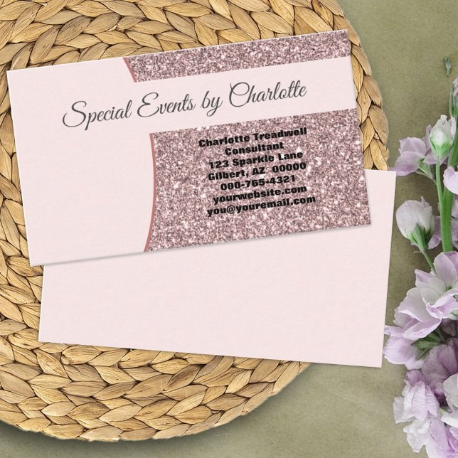 Tarjeta De Visita Brillo Falso Rosa Profesional Frente Blanco Parte  (Tell them who you are on this simple rose gold faux glitter card with ample room for notes on back.)