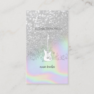 Tarjeta De Visita Brillo holográfico moderno de plata, guitarra, Bok