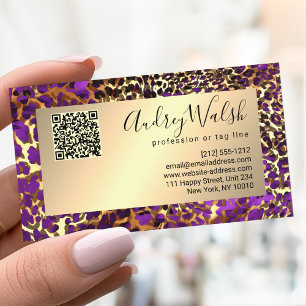 Tarjeta De Visita Brillo Oro Lujo Código QR Piel de Animal Leopardo