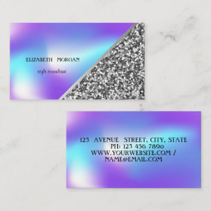 Tarjeta De Visita Brillo Plateado Moderno, Geométrico, Ombre Holográ