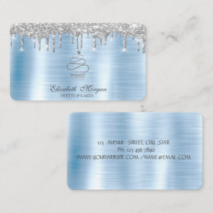 Tarjeta De Visita Brillos Gotean Pastelería de Cupcake de Plata Metá