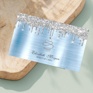 Tarjeta De Visita Brillos Gotean Pastelería de Cupcake de Plata Metá