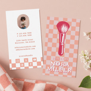 Tarjeta De Visita Brocha de Maquillaje Cuadros Rosados Retro Belleza