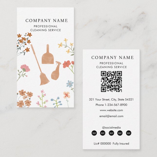 Tarjeta De Visita Broom Dustpan Floral Professional Cleaning Service (Anverso / Reverso)