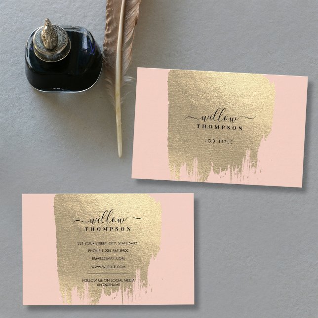Tarjeta De Visita Brote de pincel de Relieve metalizado dorado rosa  (Blush Pink Rose Gold Foil Brush Stroke Business Card)