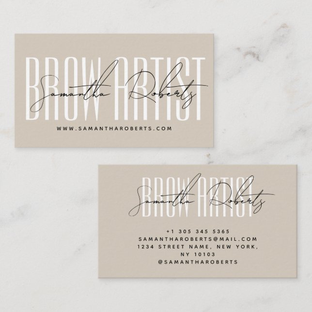 Tarjeta De Visita Brow artist modern typography script beige (Anverso / Reverso)