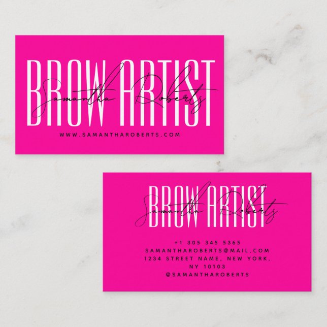 Tarjeta De Visita Brow artist modern typography script neon pink (Anverso / Reverso)
