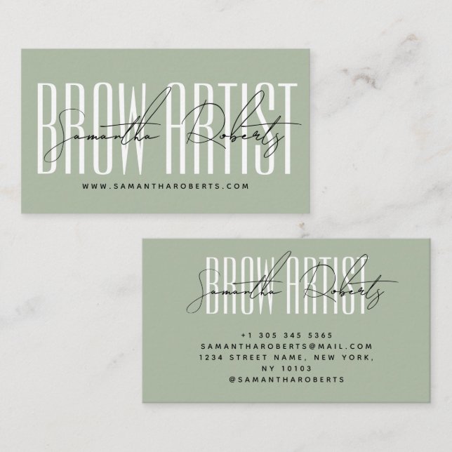 Tarjeta De Visita Brow artist modern typography script sage green (Anverso / Reverso)