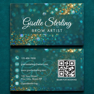 Tarjeta De Visita Brow Artist Verde azulado Gold Purpurina QR Code L