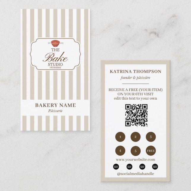 Tarjeta De Visita Brown Beige Stripes Bakery Logo Loyalty Punch (Anverso / Reverso)