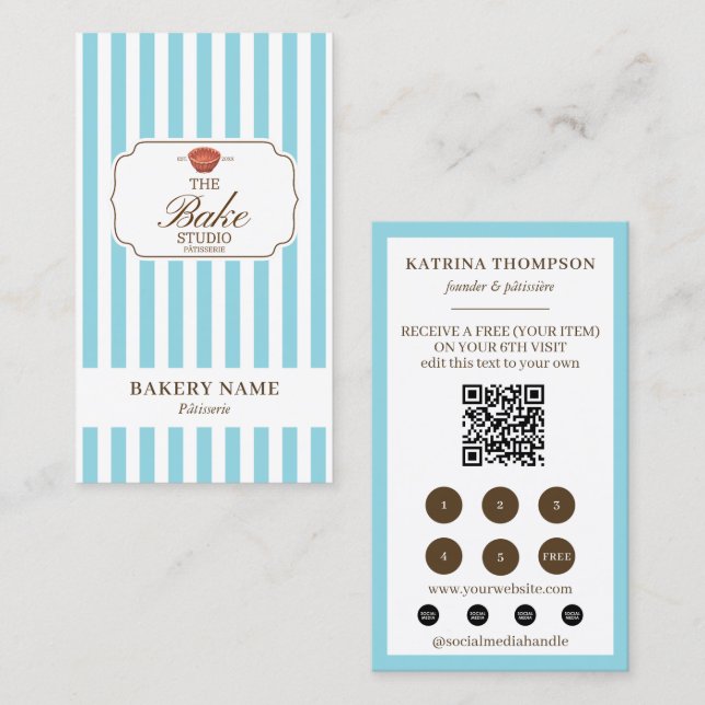 Tarjeta De Visita Brown Blue Stripes Bakery Logo Loyalty Punch (Anverso / Reverso)