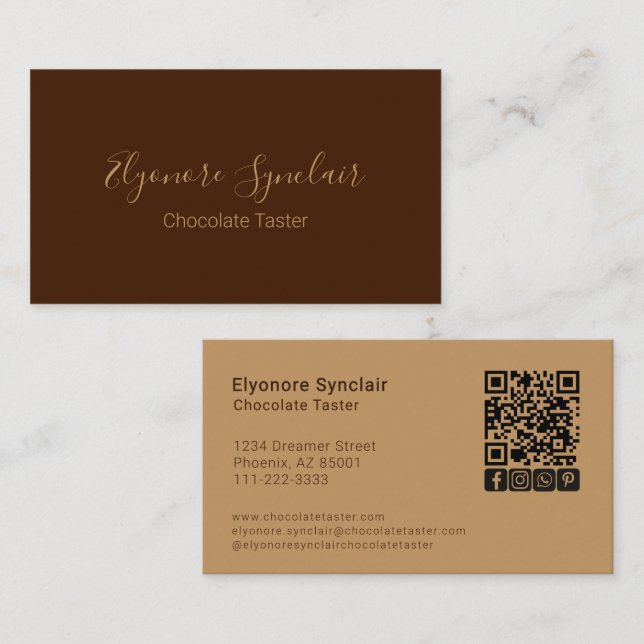 Tarjeta De Visita Brown Script Social Icon QR Code Chocolate Taster (Anverso / Reverso)