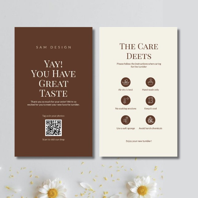 Tarjeta De Visita Brown Tumbler Care Card Instruction Insert QR Code (Subido por el creador)