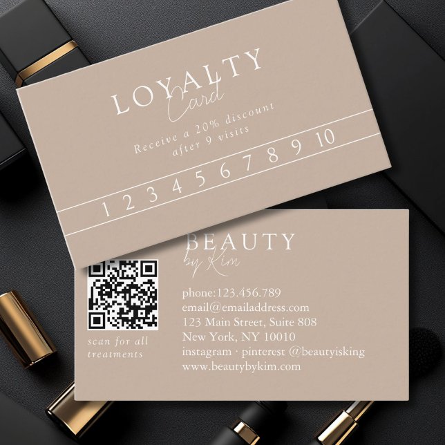 Tarjeta De Visita Brown & White Minimal Elegant, Salon QR Code (Custom Brown & White Minimal Elegant Salon QR Code Business Card)