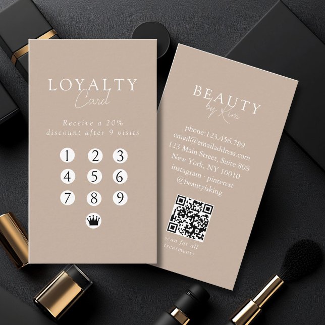 Tarjeta De Visita Brown & White Minimal Salon QR Code Loyalty (Custom Brown & White Minimal Salon QR Code Loyalty Business Card)