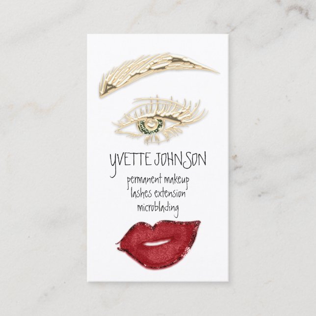 Tarjeta De Visita Brows Makeup QRCode Logo Red Lips Oro Eyelash (Anverso)