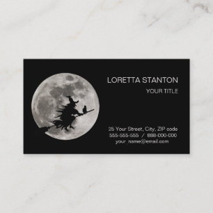 Tarjeta De Visita Bruja del vuelo con una luna brillante detrás de