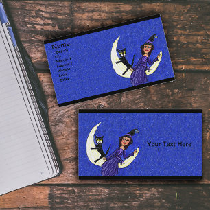 Tarjeta De Visita Bruja En Crescent Moon Black Cat Azul