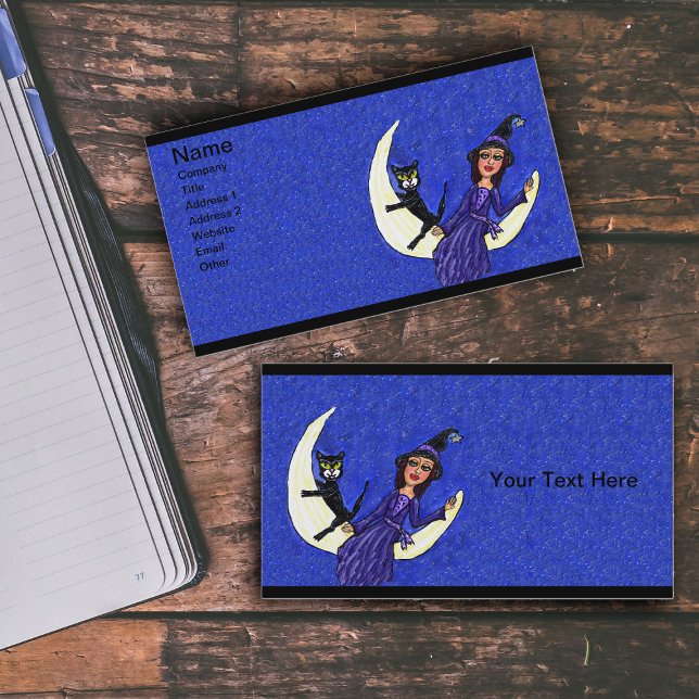 Tarjeta De Visita Bruja En Crescent Moon Black Cat Azul (Witch in purple dress on crescent moon with black cat in blue star studded sky on business cards.)