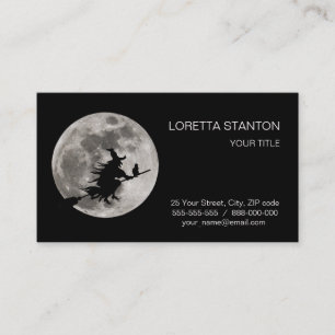 Tarjeta De Visita bruja voladora con fondo de luna brillante