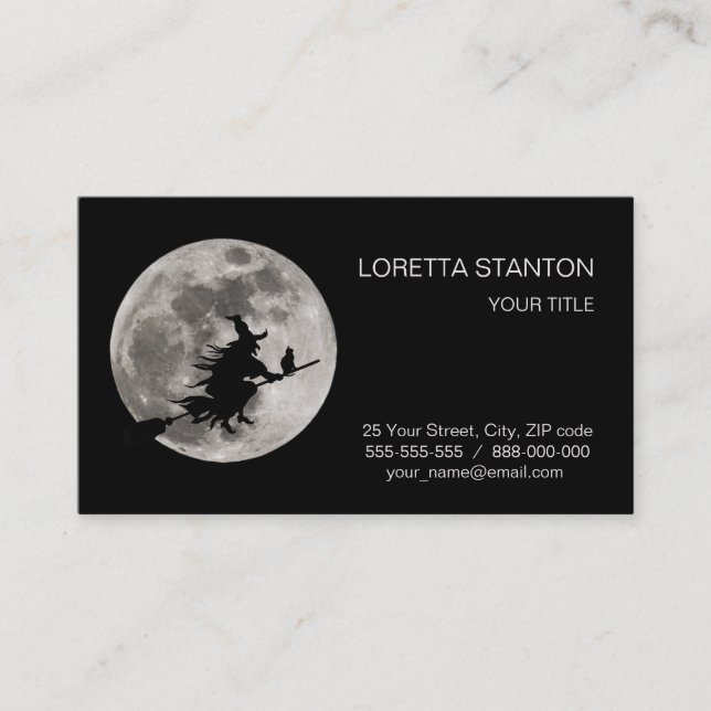 Tarjeta De Visita Bruja voladora con fondo de luna brillante (Anverso)
