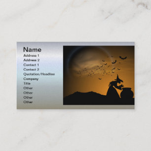 Tarjeta De Visita Bruja y caldera de Halloween con los palos