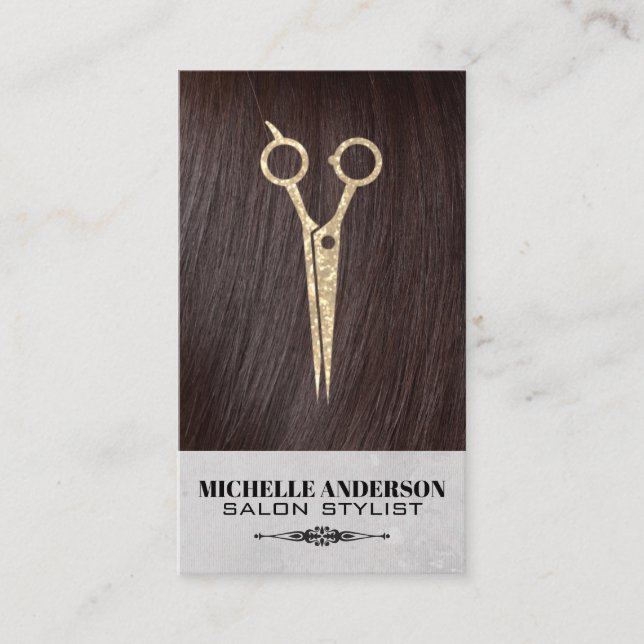 Tarjeta De Visita Brunette Hair | Tijeras de salon de pelo (Anverso)