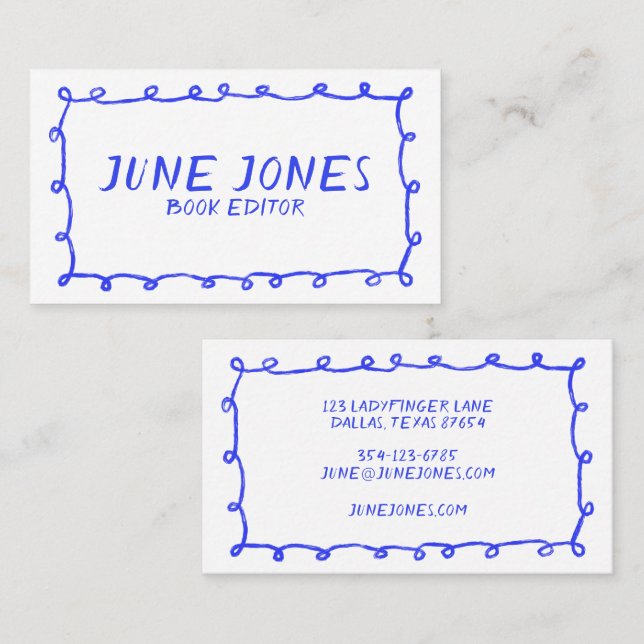 Tarjeta De Visita Bucles hechos a mano Doodle Whimsical Inky Periwin (Anverso / Reverso)