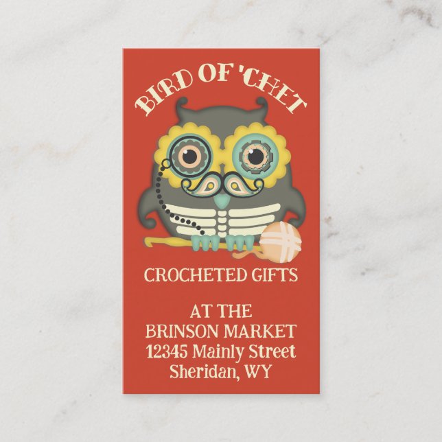 Tarjeta De Visita Búho steampunk skeleton mustache gancho crochet (Anverso)