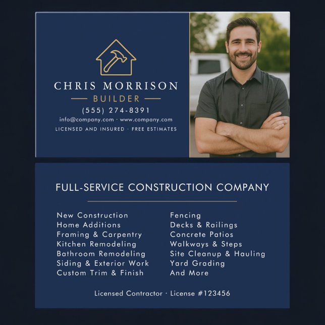 Tarjeta De Visita Builder Navy Blue Gold Photo Construction  (Subido por el creador)