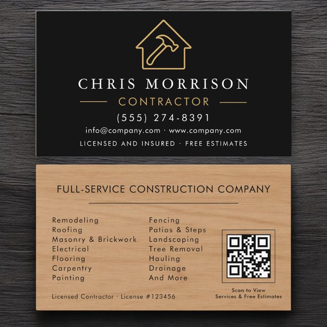 Tarjeta De Visita Building Construction Black Gold QR Code Wood  (Subido por el creador)