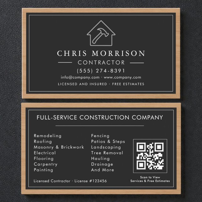 Tarjeta De Visita Building Construction Black Silver Wood QR Code (Subido por el creador)
